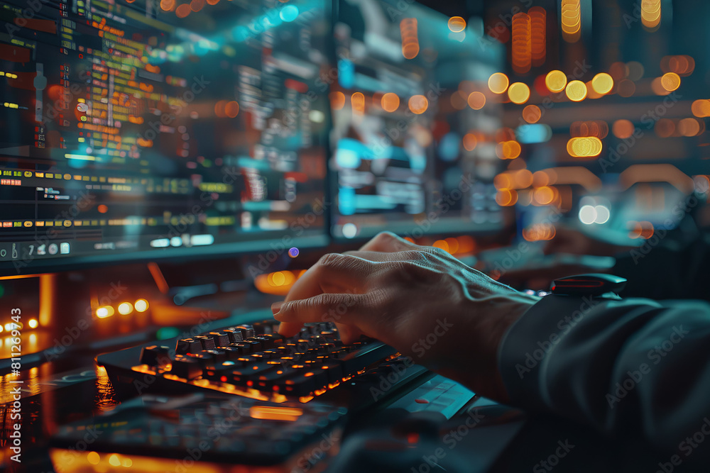 Poster a person is typing on a computer keyboard in front of a monitor