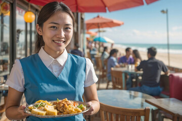 Happy Asian waitress in uniform with a tray brings food on a heavily blurred background of a beach restaurant