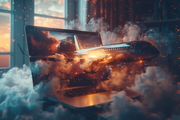 A digital composite of a jet flying out of a laptop screen into a dreamy cloud setting, embodying the idea of fast global connectivity - Powered by Adobe