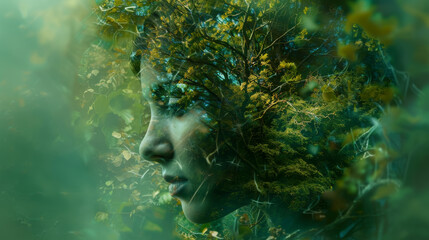 Obraz premium A woman's face is shown in a green forest
