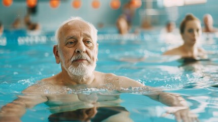 Fototapeta premium Portrait of senior male having group aqua training class in gym
