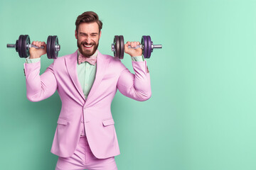 Handsome man lifting weights in a pink business suit, with a green background.