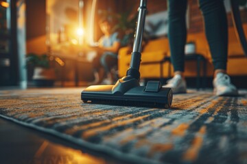 Professional cleaners using vacuum in spacious office with employees in background