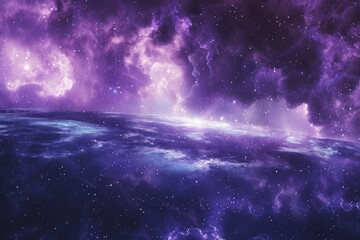 A purple and blue space teeming with stars and nebulae, creating a mesmerizing celestial display, A mesmerizing purple nebula stretching across the horizon