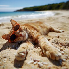 Cute ginger cat with fashionable sunglasses relaxing on a picturesque sandy beach