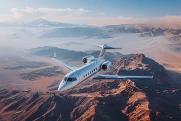 Fototapeta premium A luxury private jet with prominent branding crosses a breathtaking desert mountain landscape during a beautiful sunset flight
