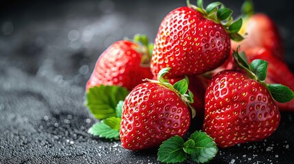   Strawberries arranged on a black background with leafy greens atop