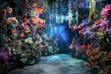 Lush aquatic plants sway gently in the water, creating a serene underwater environment, A mesmerizing display of underwater flora and fauna