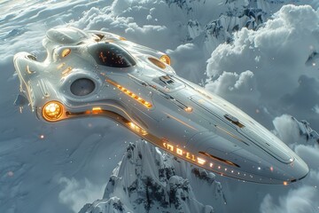 A high-resolution 3D rendering of a sleek, futuristic spaceship with glowing orange elements, flying low over snow-capped mountain peaks above the clouds