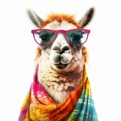 Naklejka premium Stylish llama wearing colorful glasses and a vibrant scarf isolated on white