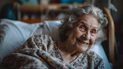 A woman is smiling and sitting on a hospital bed