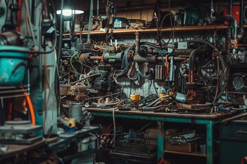 Fototapeta premium An assortment of various tools cluttering a workspace filled with pipes and equipment, A messy workspace cluttered with pipes and tools
