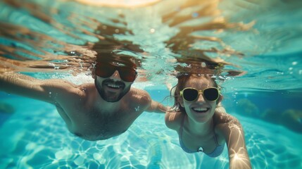 Underwater portrait of happy lovely couple in swimming pool. - Powered by Adobe