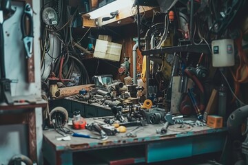 A cluttered room filled with numerous types of tools and pipes scattered around a workspace, A messy workspace cluttered with pipes and tools