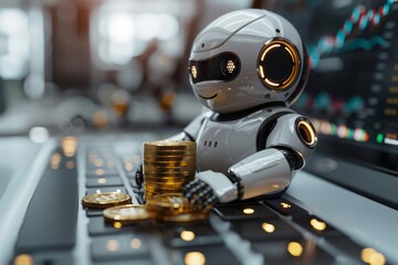 Fototapeta premium This image features a modern robot interacting with cryptocurrency, highlighting cutting-edge technology's role in digital finance and investment