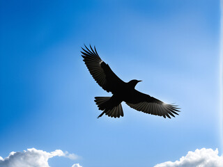 Fototapeta premium Soaring Free: Bird Silhouetted Against a Vast Sky. Solitary Bird Glides Across the Open Sky. generative AI