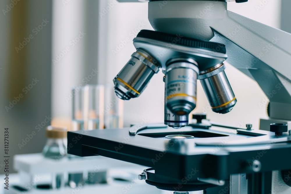 Poster A detailed view of a microscope placed on a table, ready for scientific research and analysis, A microscope and test tubes symbolizing the field of science and research