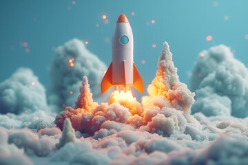 Rocket igniting powerfully, casting a vivid trail of clouds and particles, embodying progress and technological advances