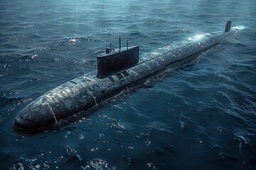 A realistic submarine submerged in the gloomy blue depths, evoking a sense of mystery and covert operations