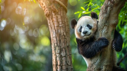 Obraz premium A panda bear on tree in wild forest.