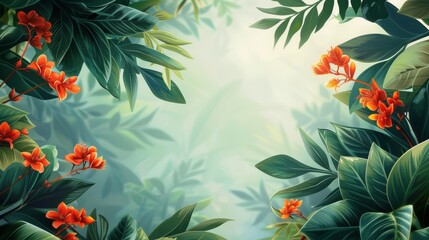 Obraz premium Lush Tropical Scene With Flowers and Leaves