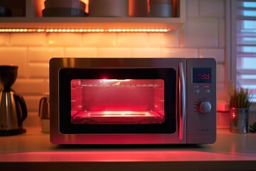 Microwave oven malfunctioning with a red light inside, A microwave oven glitching with erratic display numbers