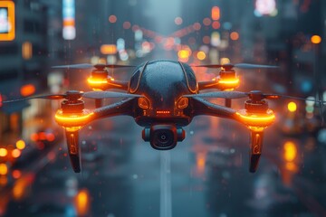 A stylish drone equipped with bright orange lights cruises through a rainy cityscape with reflections and blurry lights - Powered by Adobe