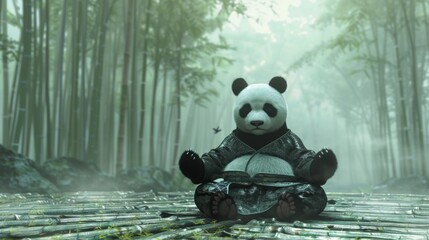 3D cartoon character of a panda doing meditation in bamboo forest.