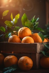 Abundant citrus orchard with ripe oranges in crate, varying sizes and hues under golden sunlight
