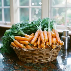 Freshly harvested carrots in a basket with juicer, ready for nutrient rich juice making
