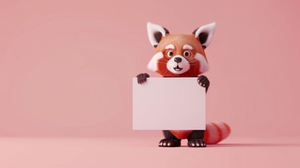 Cute cartoon character of red panda Ailurus holding a message card