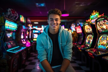 Fototapeta premium A Vibrant Portrait of a Smiling Young Gamer Standing Confidently in Front of a Neon-Lit Arcade Room Filled with Classic Video Games