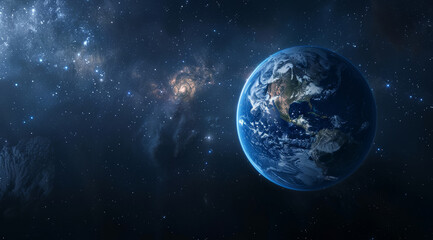 Fototapeta premium Universe, space and earth in orbit with dark background of galaxy for adventure, exploration or fantasy. Cosmos, planet and wallpaper of interstellar solar system for astrology or astronomy at night