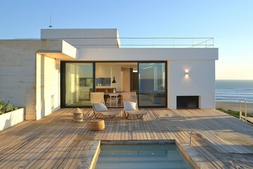 Plakat A wooden deck with a hot tub overlooking the ocean, featuring a minimalist beach house with sliding glass doors, A minimalist beach house with sliding glass doors and a rooftop terrace