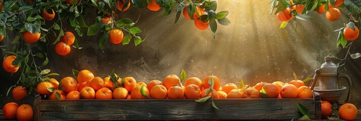 Sunlit citrus orchard with ripe oranges in overflowing wooden crate under warm golden sunlight