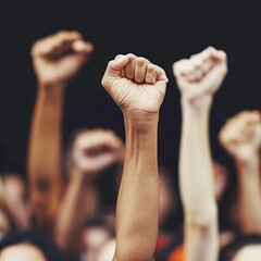 Capture the powerful image of a diverse group of people, hands raised in unity