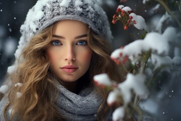 A Serene Lady's Contemplative Gaze Amidst the Frosted Flora of a Winter Botanical Wonderland