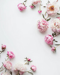 elegant stationery page with page border and small pink peonies on left quarter of the page