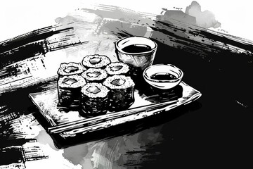A plate of sushi with various rolls and a cup of coffee on a table, A minimalist black and white sketch of a sushi platter - Powered by Adobe