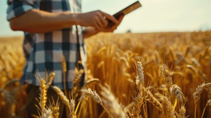 Naklejka premium Farmer monitoring crop growth with a tablet in a wheat field Wheat harvest in progress Agriculture and farming theme
