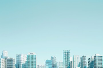 A city skyline with tall buildings overlooking a large body of water, A minimalist city skyline, emphasizing the clean lines and shapes of the buildings against a clear blue sky
