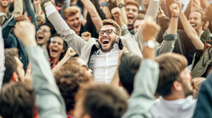 Obraz premium happy businessman being carried like a champion on the shoulders in a large crowd of cheering admirers