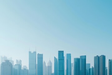 Fototapeta premium City skyline with tall buildings in the foreground, showcasing the urban landscape, A minimalist city skyline, emphasizing the clean lines and shapes of the buildings against a clear blue sky