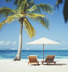 On a sunny beach, with palm trees and two lounge chairs with umbrella photo