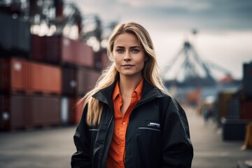Fototapeta premium A Vision of Modern Femininity: A Confident Young Woman Standing Boldly Before the Bustling Backdrop of a Busy Port Terminal