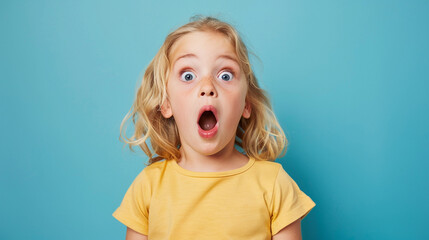 photo of a surprised blond child in full growth on a plain blue background, hypertrophied emotions