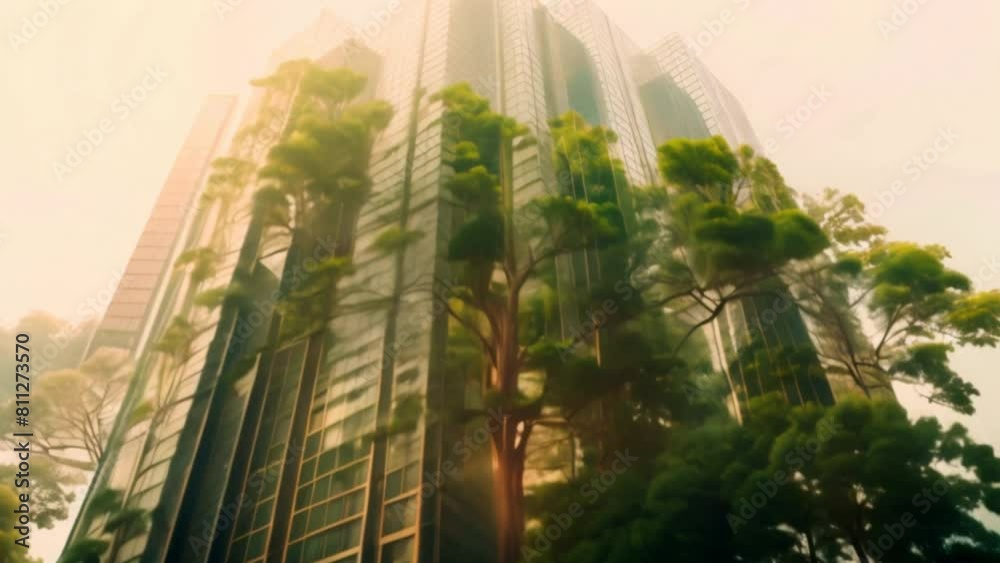 Poster a tall building with a tree growing out of it. the tree is surrounded by glass windows, giving it a 