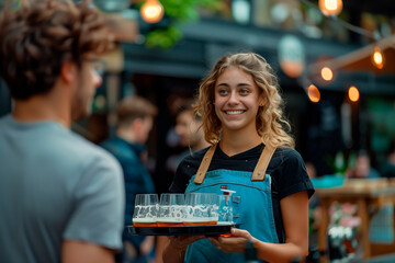 Fototapeta premium Restaurant Service: Female Waiter Carrying Tray of Dripping Fresh Beer Glasses
