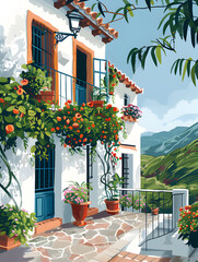 Traditional Spanish Mediterranean style house, traditional Spanish terrace flat style illustration 