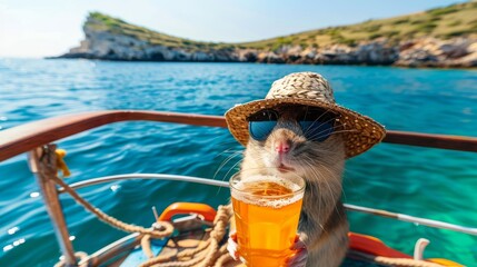 Mouse in fashionable summer clothing savoring a cocktail aboard a luxurious cruise ship